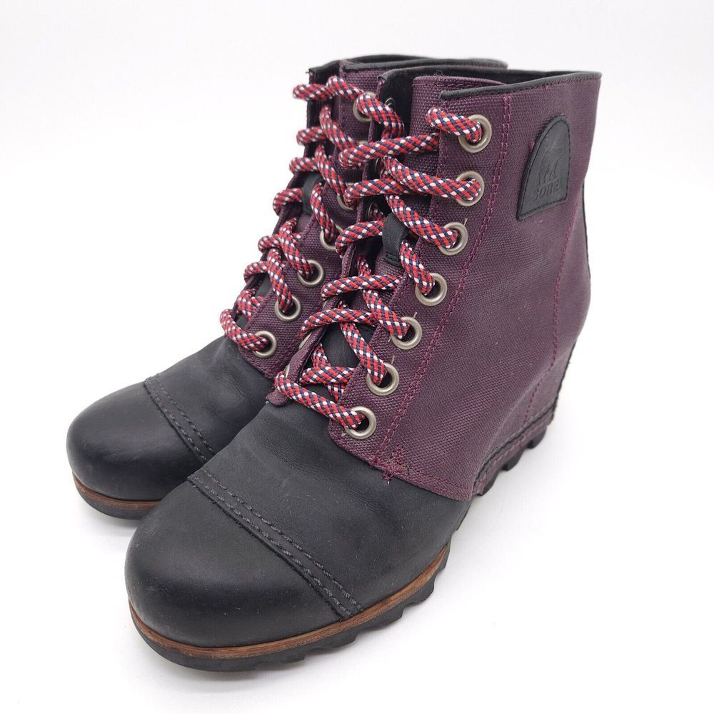 Sorel 1964 (Womens 8.5) Hidden Wedge Ankle Boots Purple Leather Textile Lace Up